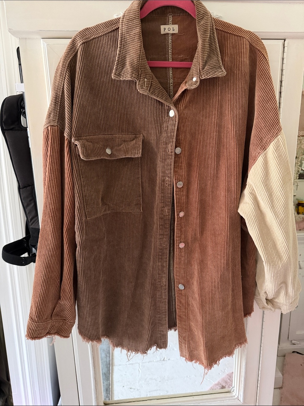 POL Colorblock Corduroy Utility Shacket in Brown and Cream